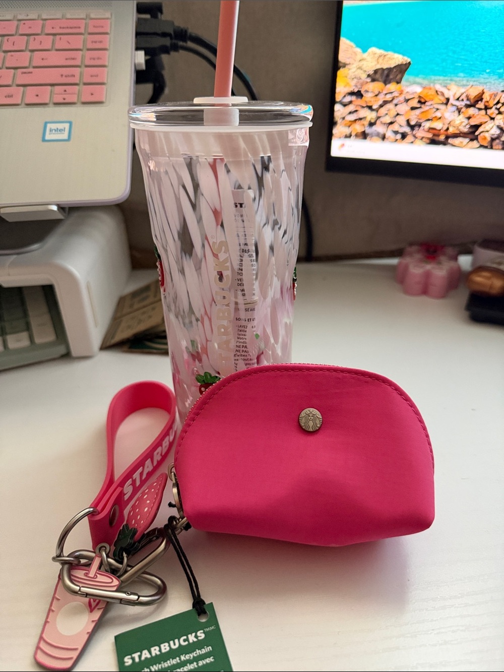 Starbucks Pink Strawberry Clear Tumbler with Hot Pink Key Pouch and Strap